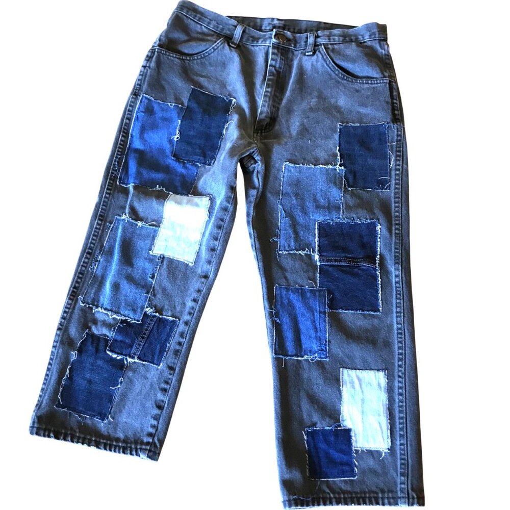 Upcycled Patchwork Long Jean Shorts, Denim Patched Hippie Pants Waist Size 35